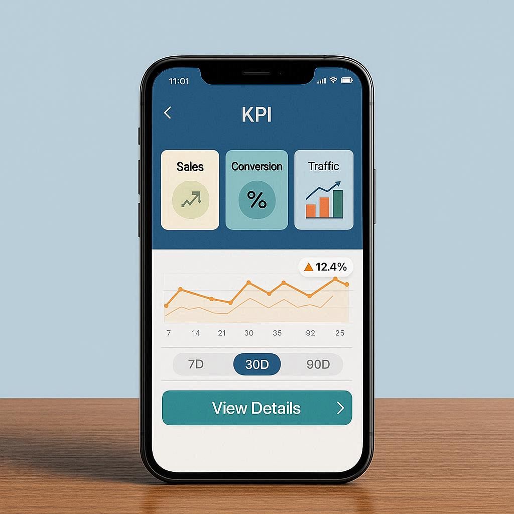 Un smartphone visualise des données statitisques KPI commerciales